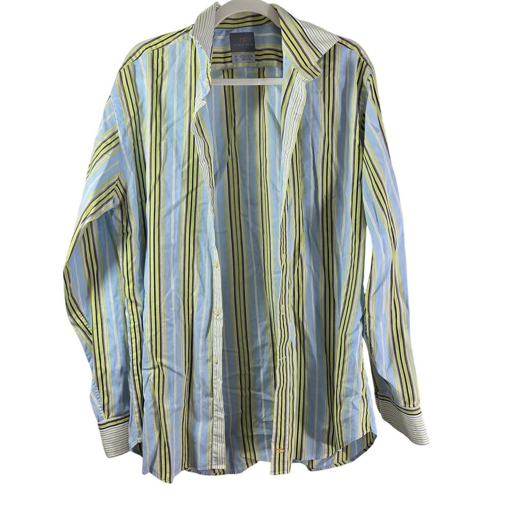 Thomas Dean‎ blue yellow striped long sleeve men's dress shirt XL
